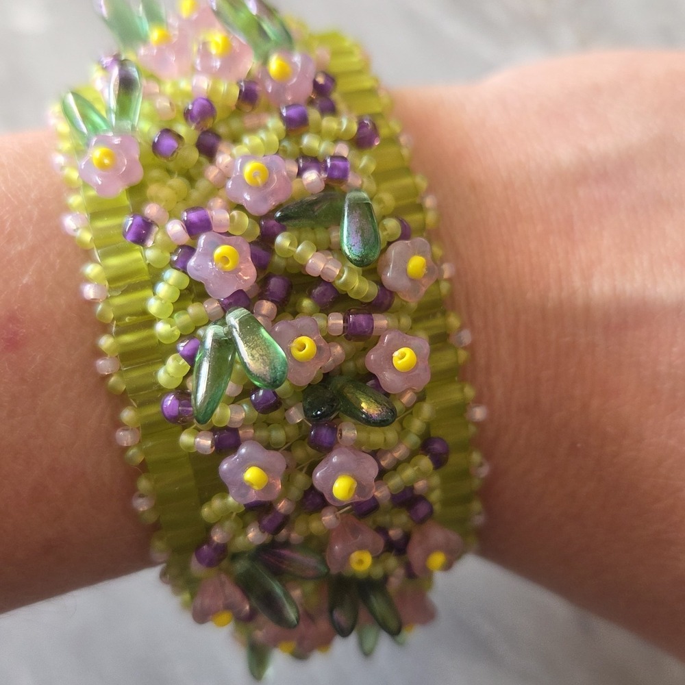 Handmade Beaded Boho Multicolor Statement Bracelet Green Pink Floral